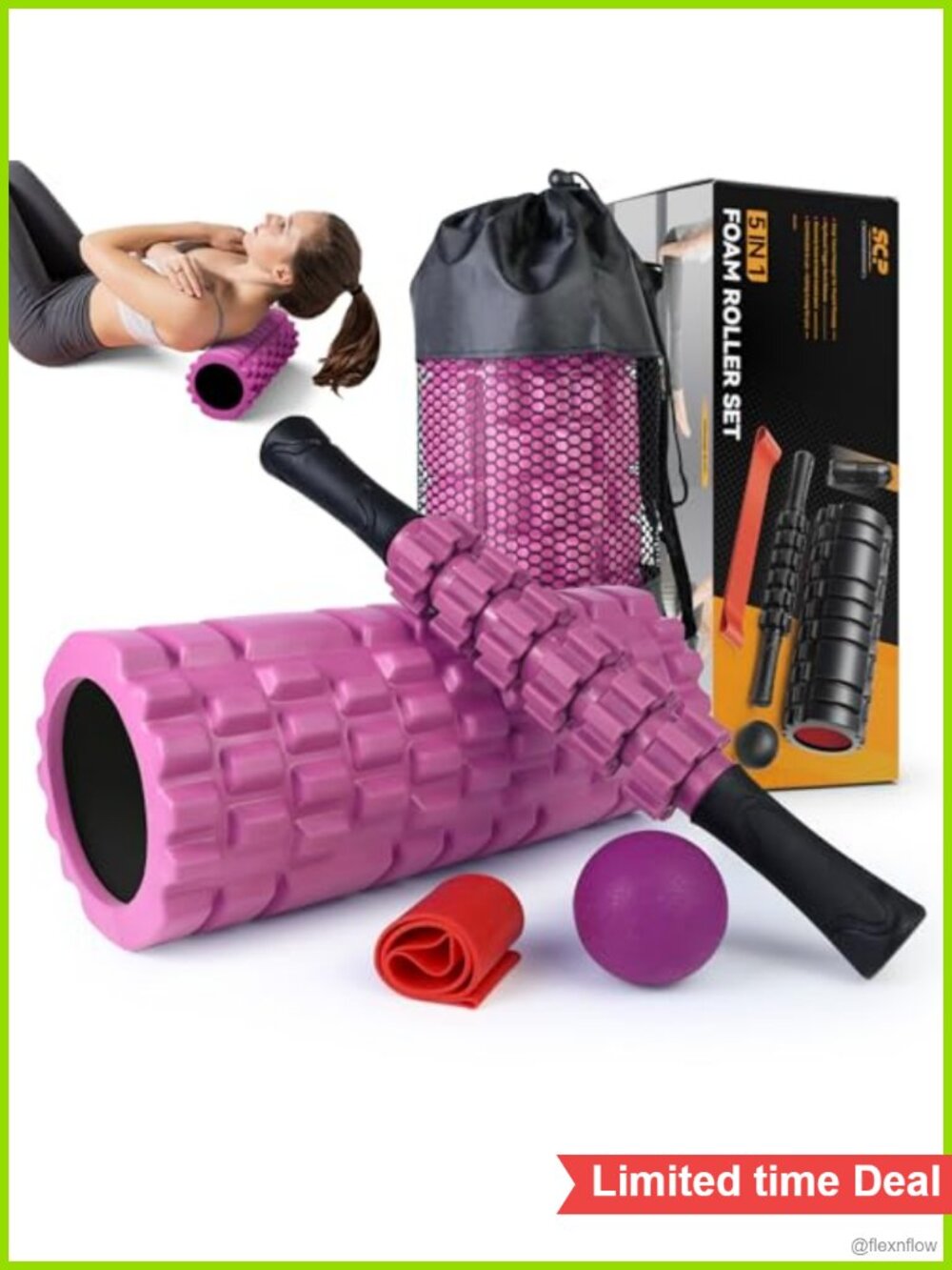 5 in 1 Foam Roller Set Deep Tissue Muscle Massage Kit Yoga Stick Ball Strap
